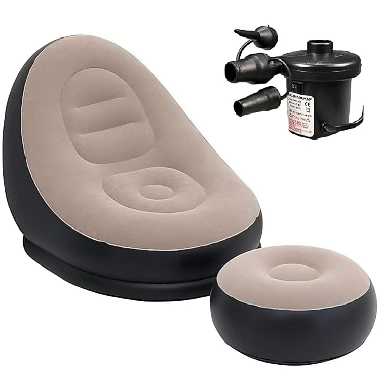 Inflatable lounge chair with a footrest, shown with a gas pump used for inflating. The image illustrates the setup process with the pump in place next to the chair.