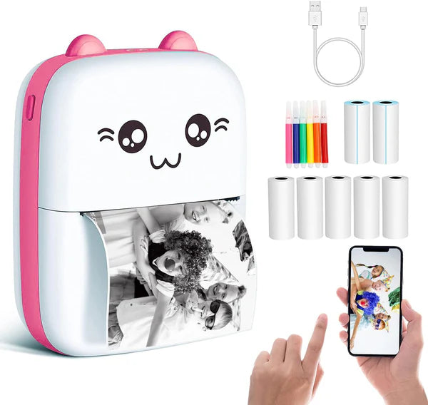 Image of a pocket Bluetooth printer capturing a photo of a family, with bundles of different color papers for printing visible nearby. The printer is versatile, supporting various printing tasks including photos and labels.